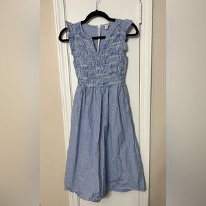 JCrew Blue Striped Smocked Midi Dress
